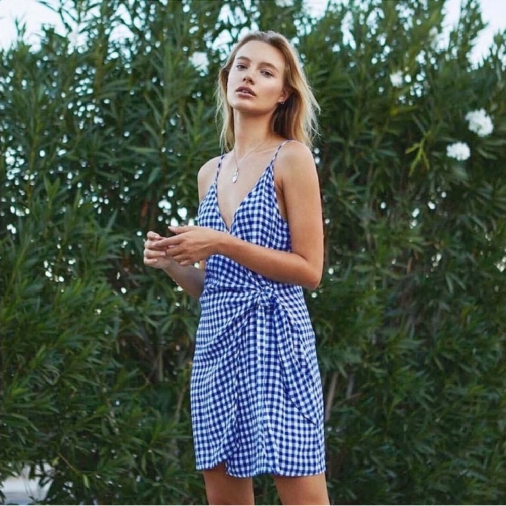 Revolve Rails Malia Blue Gingham Linen Blend Dress